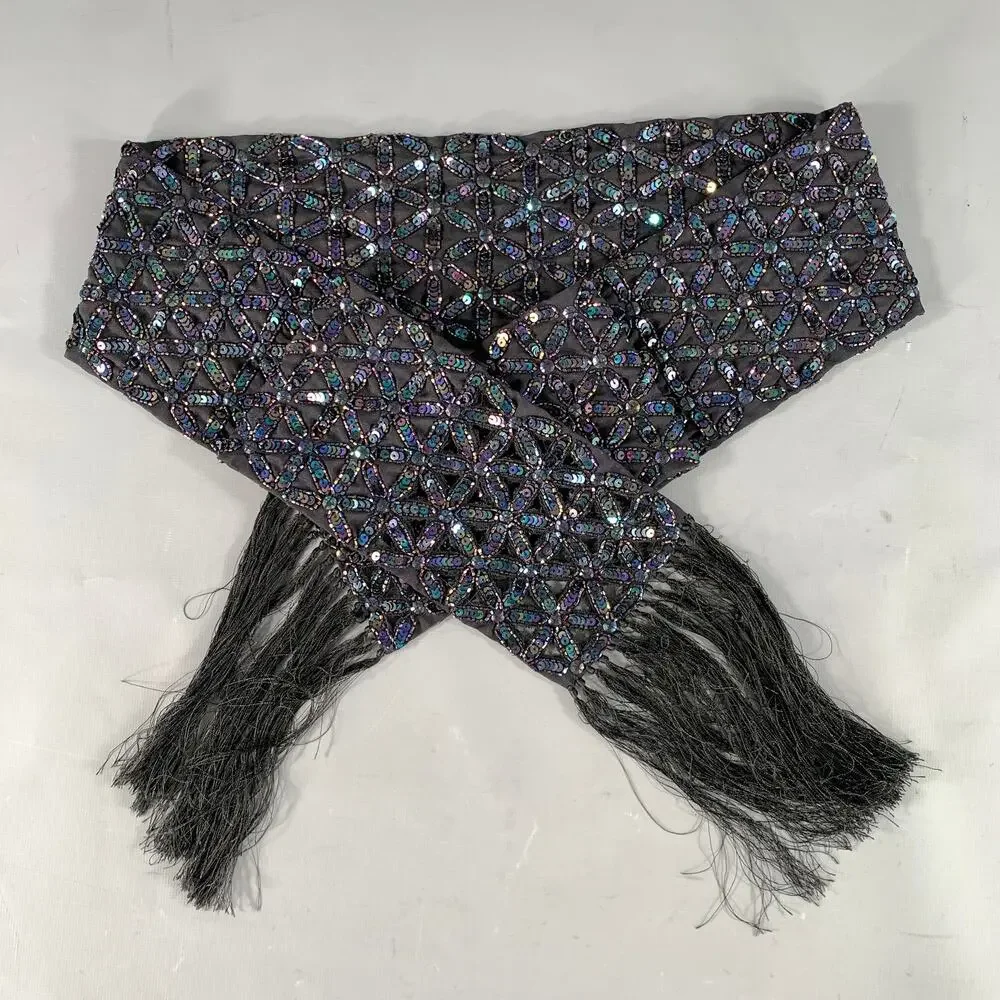 DRIES VAN NOTEN Black Purple Iridescent Silk Sequined Scarves